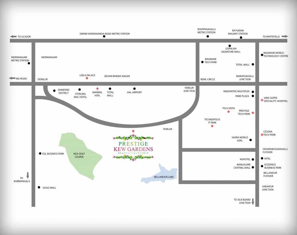 Prestige Kew Gardens - Reviews & Price - 1, 2, 3 BHK Apartments Sale in Yemalur 11 Prestige Kew Gardens location map