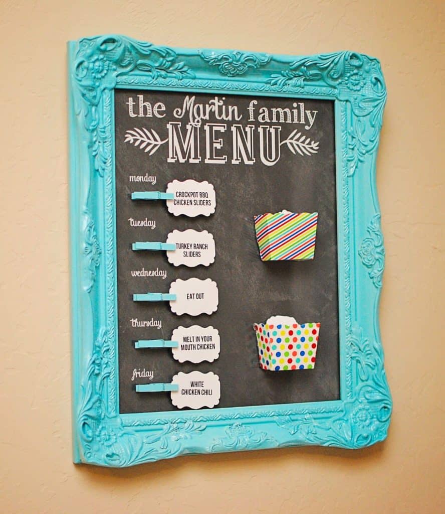 A weekly menu card display board for the kitchen wall