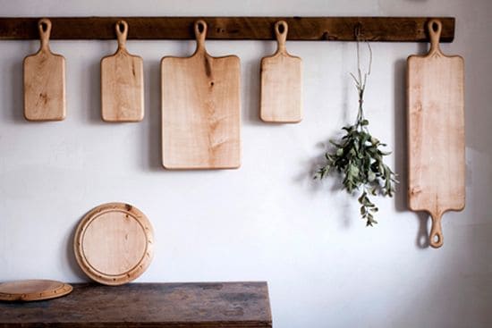 Wood boards for clip art on the walls of the kitchen space