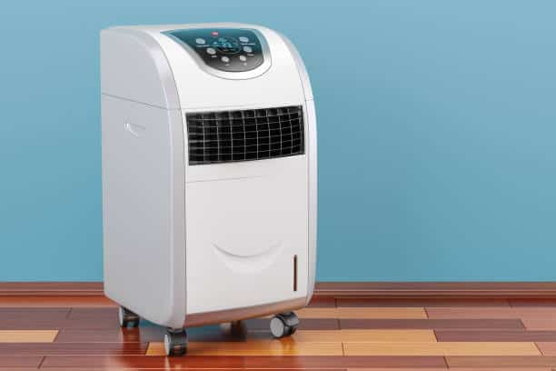 Portable Air Conditioner in room on the wooden floor, 3D rendering