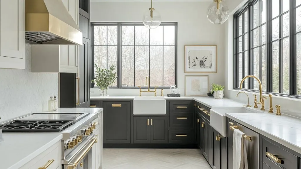 Kitchen Layout Design with Brass and Matte black drawers