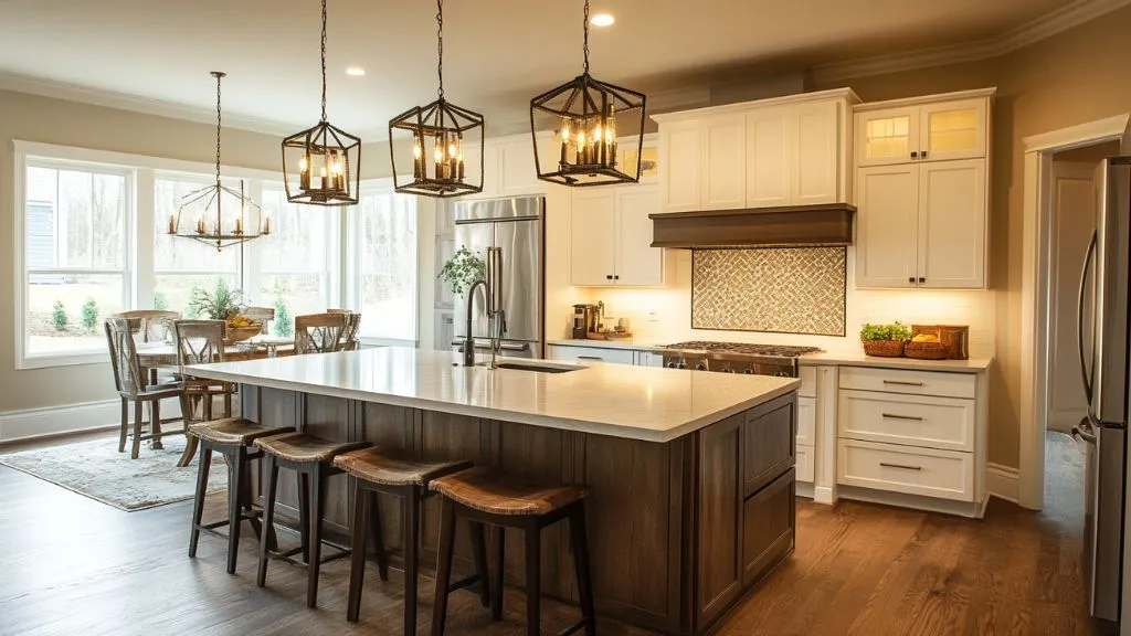 Kitchen Layout with Mix pendants, under-cabinet lights, and a funky chandelier