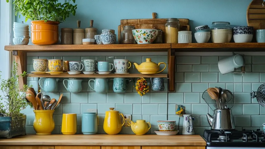 Kitchen shelves with colourful mugs and vintage teacups