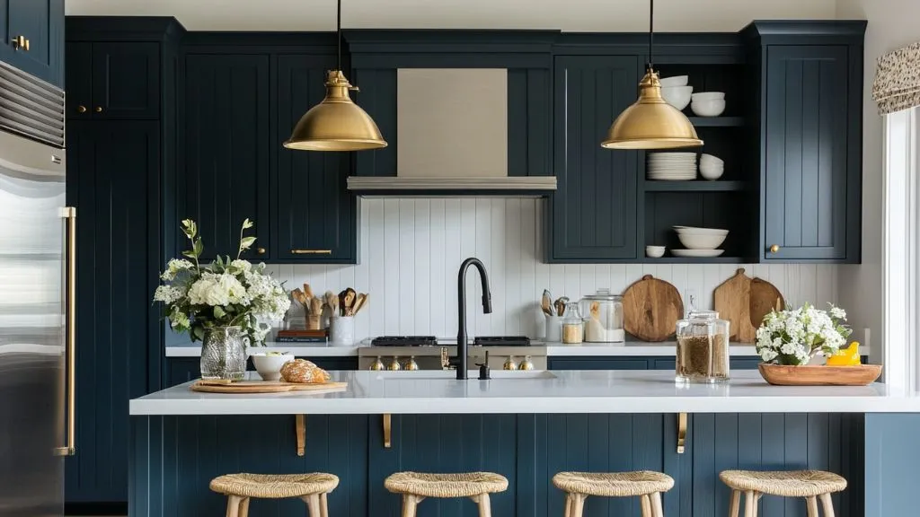 Kitchen with Pop of Colour to Cabinets Moody Navy and sage green