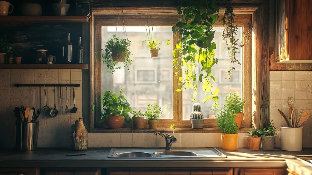 Kitchen with Potted herbs, hanging vines, or a small cactus on the windows