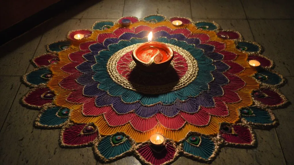 Circular Rangoli with Central Diya for Diwali