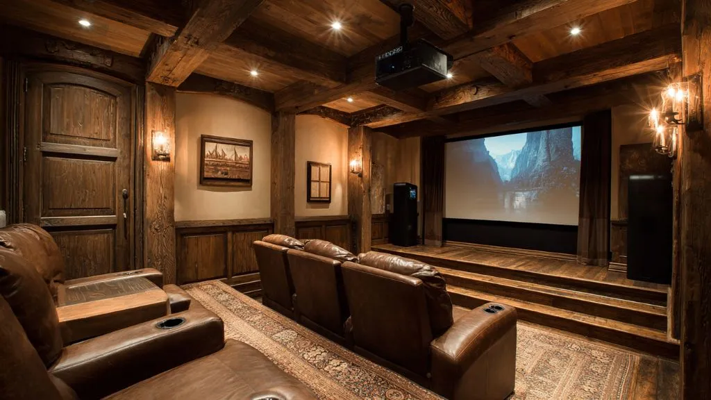 Farmhouse and Wooden Finish Home Theatre Design