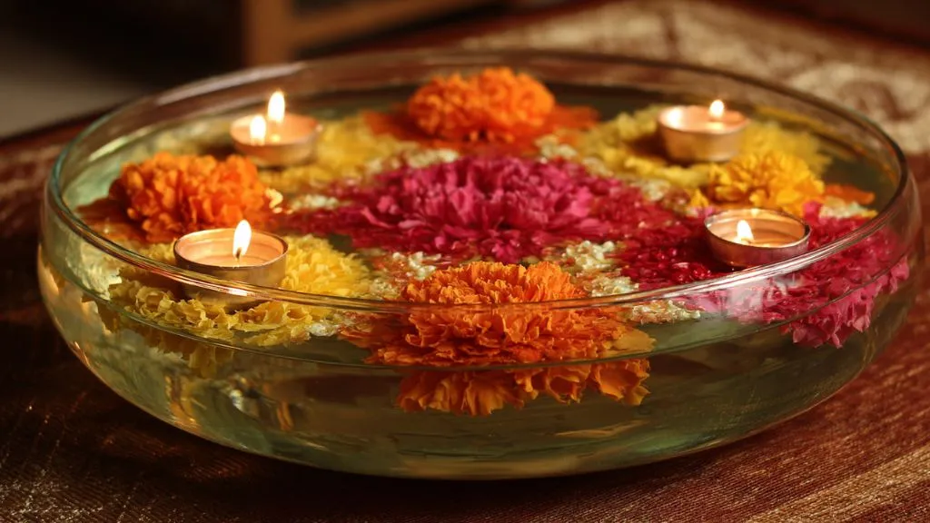 Floating Rangoli Bowl with simple rangoli design with Flowers