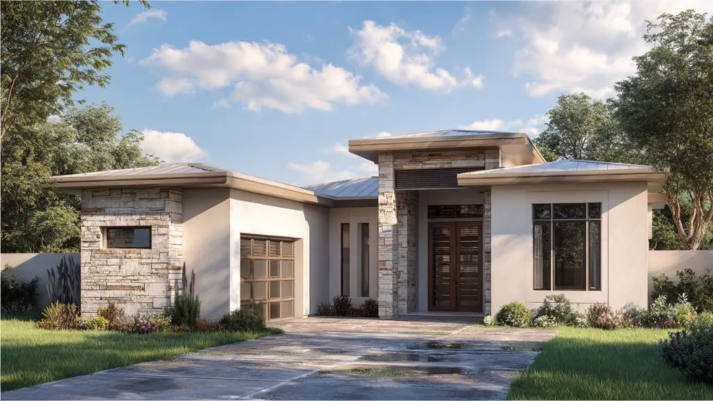 Textured Stucco with Vertical Louvers & Stone Accent