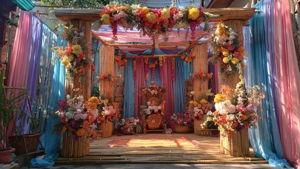 Durga Pooja Pndal with Bamboo or Wooden Frame Design