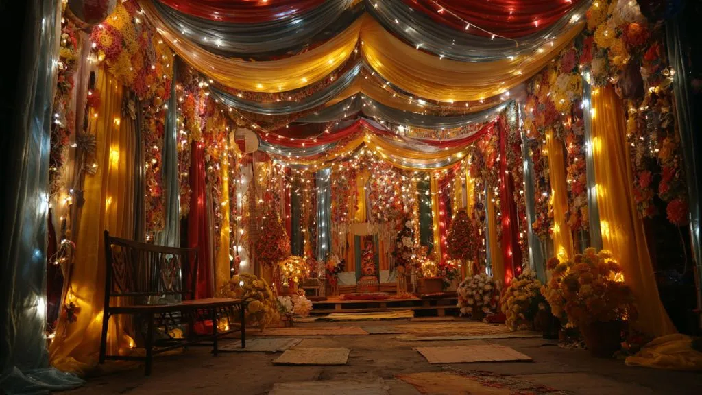 Durga Pooja home decor with lights and fabrics