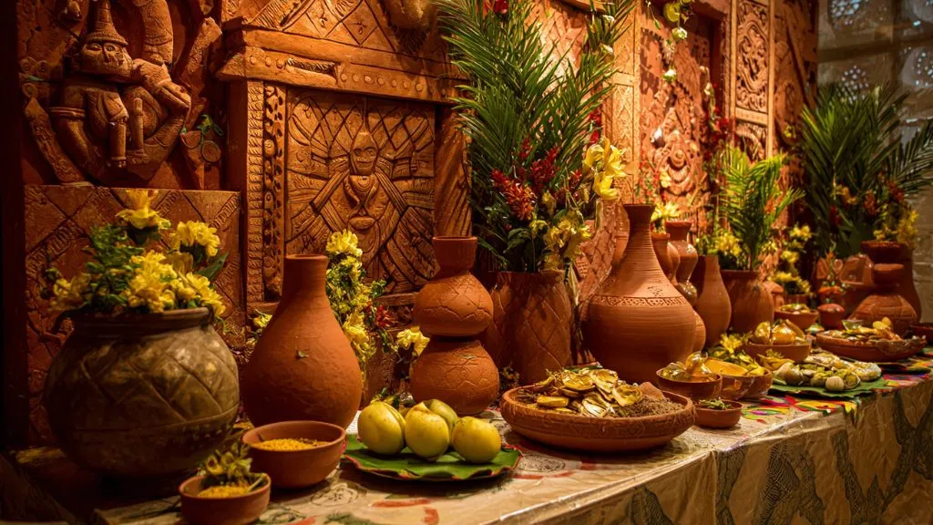 Navatari Home Decor with Banana leaves, clay pots, and terracotta decor